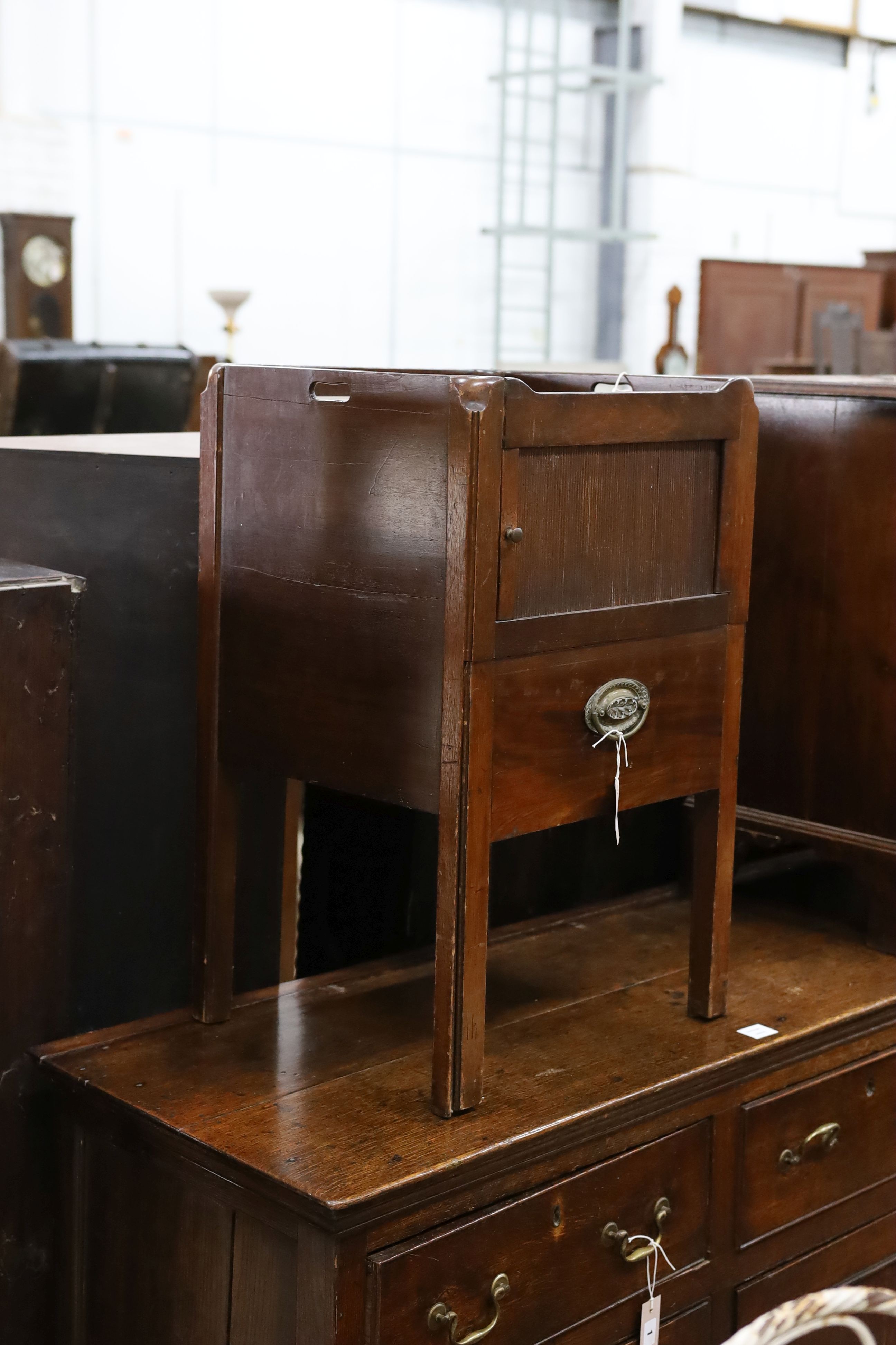 A George III tray top tambour bedside cabinet, width 50cm, depth 43cm, height 78cm